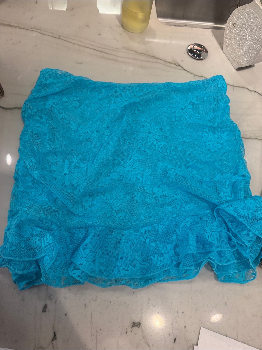 White Fox Boutique Turquoise Floral Lace Ruffle Mini Skirt